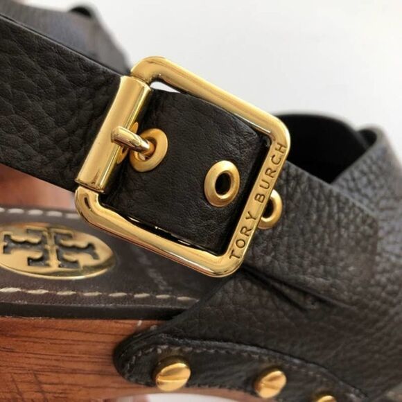 TORY BURCH Jodie Brown Leather Wooden Heels 7.5M - Picture 3 of 13
